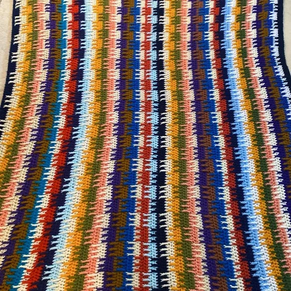 Vintage! Handmade Crochet Stripe Reversible Blanket 63” by 50” - Picture 9 of 11